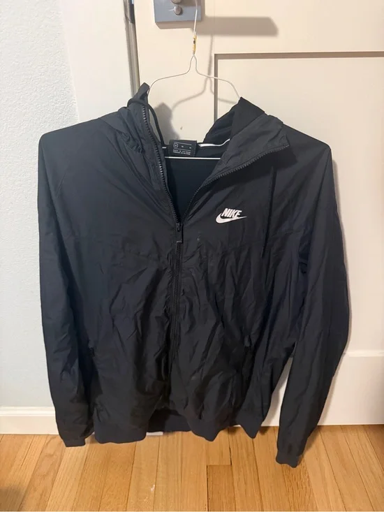 Nike Black Full-Zip Hooded Windbreaker with White Swoosh