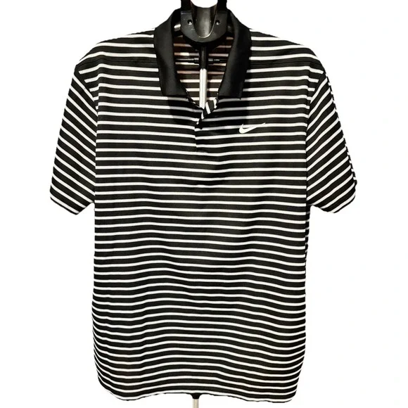 Nike Mens 2X Dri-Fit Golf Polo Black White Grey Stripe Wicking Stretch Performan