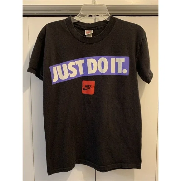 VTG NIKE Just Do It‎ BLACK/BLUE Box Logo Shirt Men’s SMALL RARE Made in USA