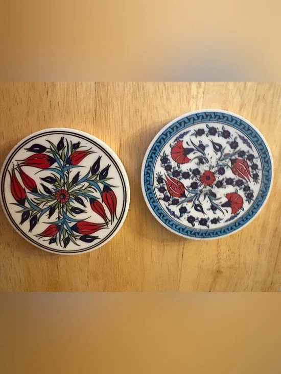 2- Turkish Decorative Ceramic trivets - Red & Blue Floral Set