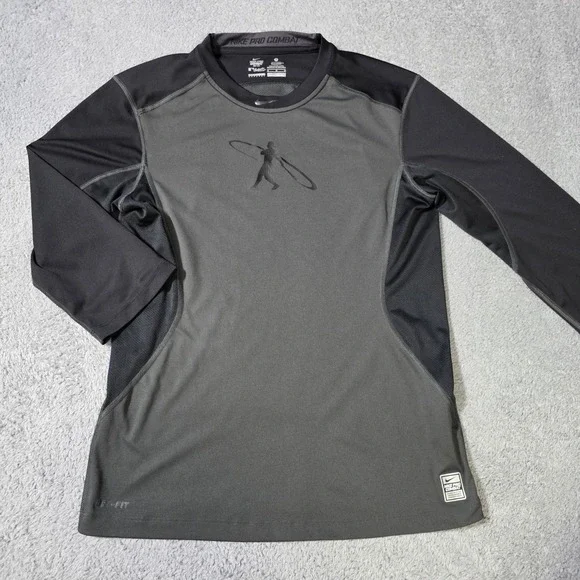 Nike Mens Medium Pro Combat Dri-FIT Baseball Shirt Grey Black 3/4 Sleeve MLB