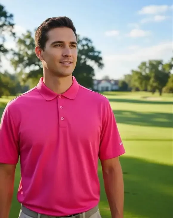 Nike Golf Polo Men XL Pink Fit Dry Knit Swoosh Bright Colorful Preppy Sports Y2K