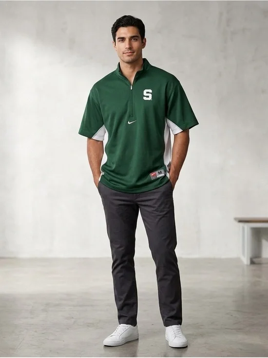 Vtg Nike Team Men’s Medium 1/4 Zip Short Sleeve Shirt Green White MSU State M 90