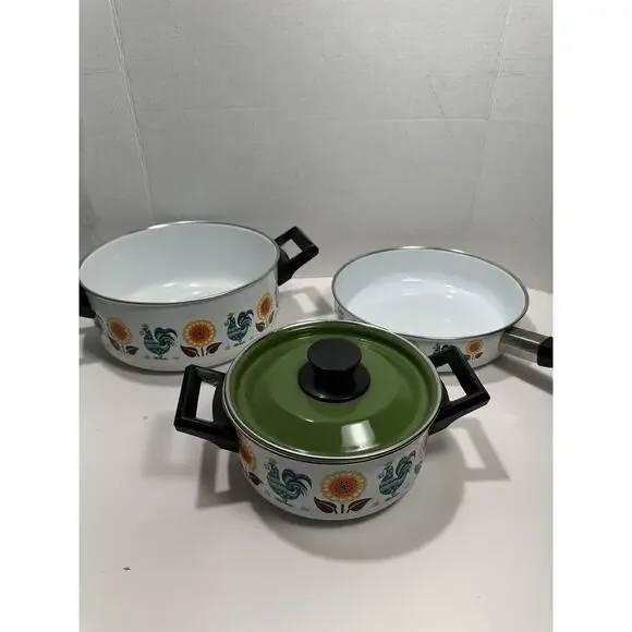 Vtg Lot 3 Enamel Stock Pots Rooster & Poppy Flower‎ 60s 70s Saucer Fry MCM RARE