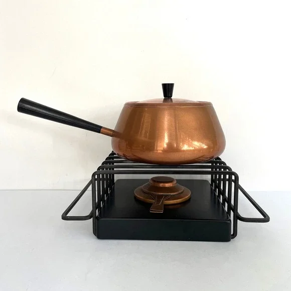 Spring Culinox Copper Fondue Set Vintage Swiss Made MCM Wrought Iron Stand