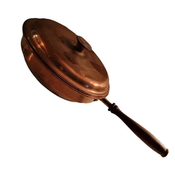 Antique Round Shape Copper Metal Saute Frying Pan With Lid‎ Size 9 x 9.5