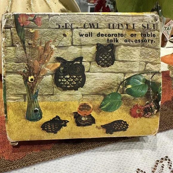 Vintage 1970s Cast Iron Owl Trivets Set Of 5 With Box‎ Made In The USA Kitchen