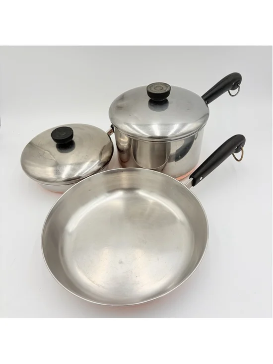 REVERE WARE Copper Clad 5 Pc Cookware Set 10” 7” Skillets Saucepan Lids