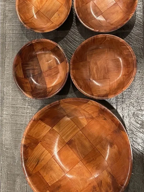 Vintage Mid-Century Modern Parquet Wood Salad Bowl Set - 1 Large & 4 Small Bowl