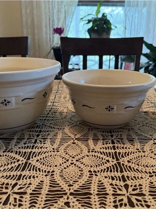 Longaberger Cream Stoneware Mixing Bowls with Blue Accents