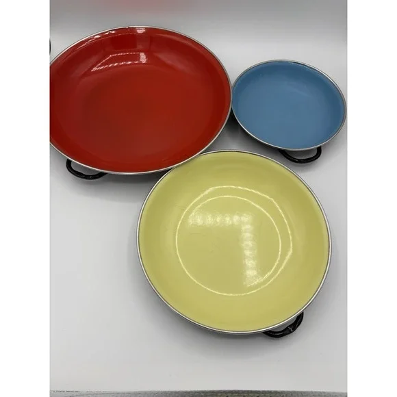Vintage Emo Celje Yugoslavia Enamel Nesting Pan Set 3 MCM Red Yellow Blue Retro