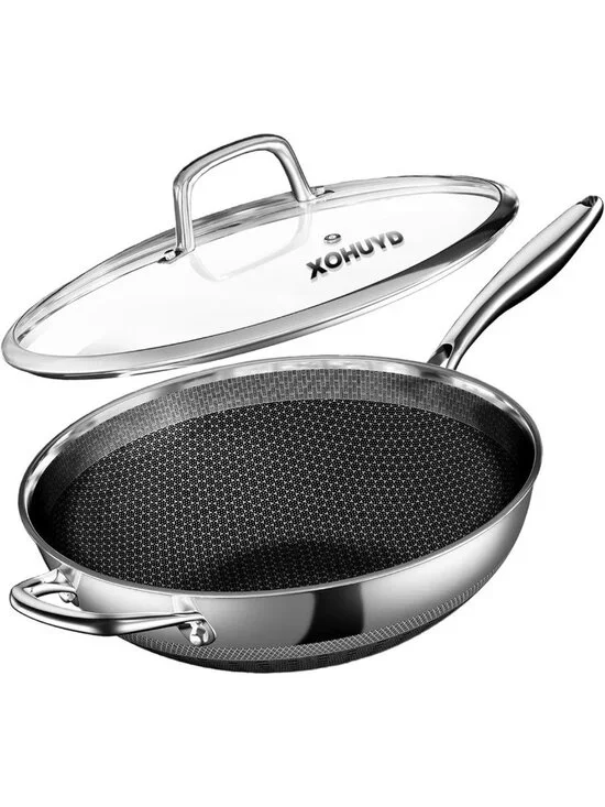 13-Inch Nonstick Stainless Steel Wok Pan with Lid for All Stoves, PFOA Free