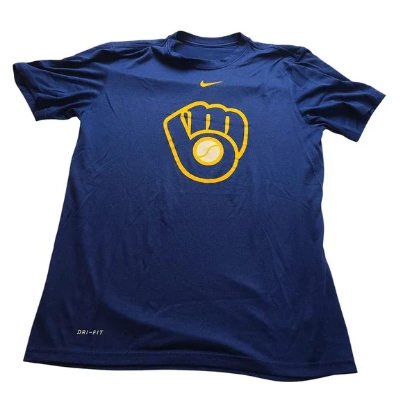 Nike Milwaukee Brewers Dri-FIT T-Shirt Men's Medium Blue Glove Logo Athletic Cut