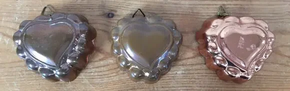 Set 3 Small Vtg Antique Primitive Copper Heart Pudding Cake Molds 3