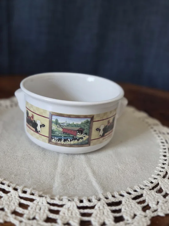 Farmhouse Soup Crock Bowl with Handles | Covered Bridge & Cow Design
