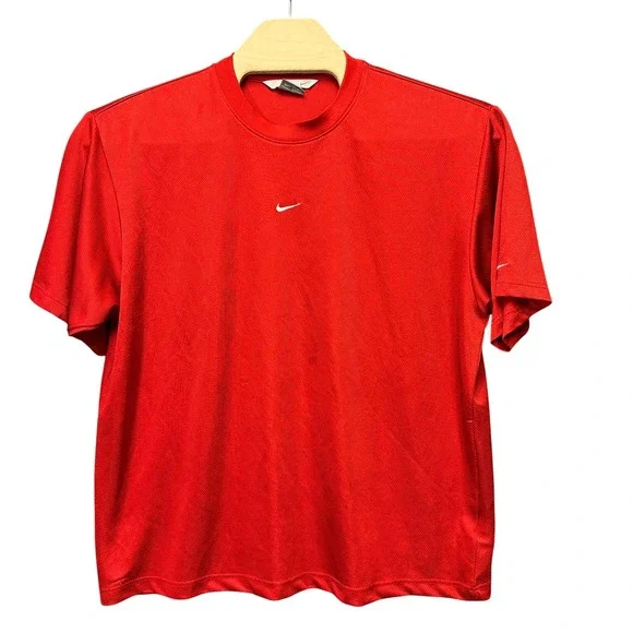 Nike Mens XL Red Mesh Athletic T-Shirt Embroidered Center Swoosh Short Sleeve