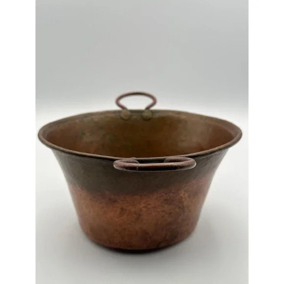 Antique Copper Kettle Pot Cauldron with Iron Handles - Vintage Kitchen Cookware