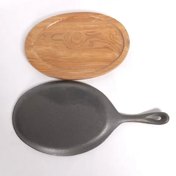 New Cast‎ Iron Fajita Pan Oval with Wooden Tray Fajita Plate Set