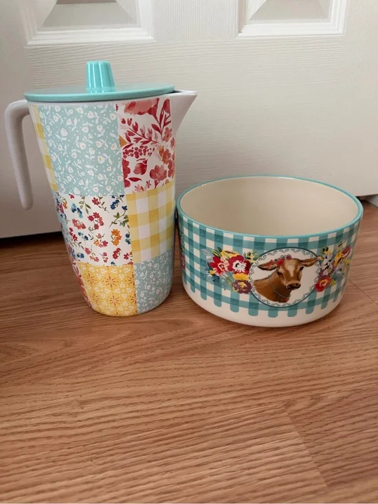 The Pioneer Woman Patchwork Floral Pitcher and Cow Bowl Kitchen Home Decor