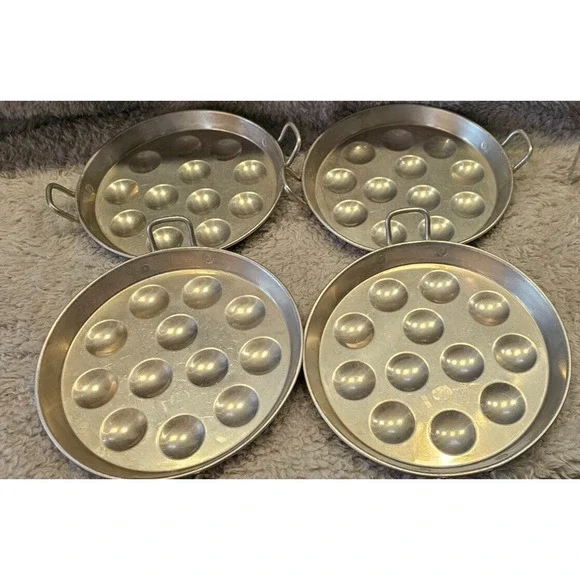 Set of 4 Vintage Tournus France Aluminum Escargot Pans Dishes w Handles 12 Holes