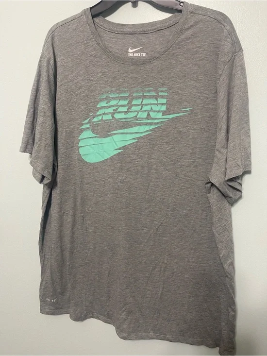 Nike Gray Tee with Teal RUN and Swoosh Graphic