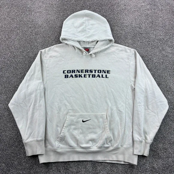 Vintage Nike Cornerstone Basketball Hoodie Mens L White Center Swoosh Sweatshirt