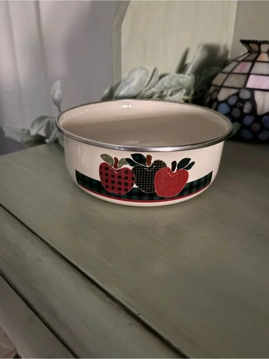 Vintage Cream Enamel Apple Serving Bowl with Plaid Trim