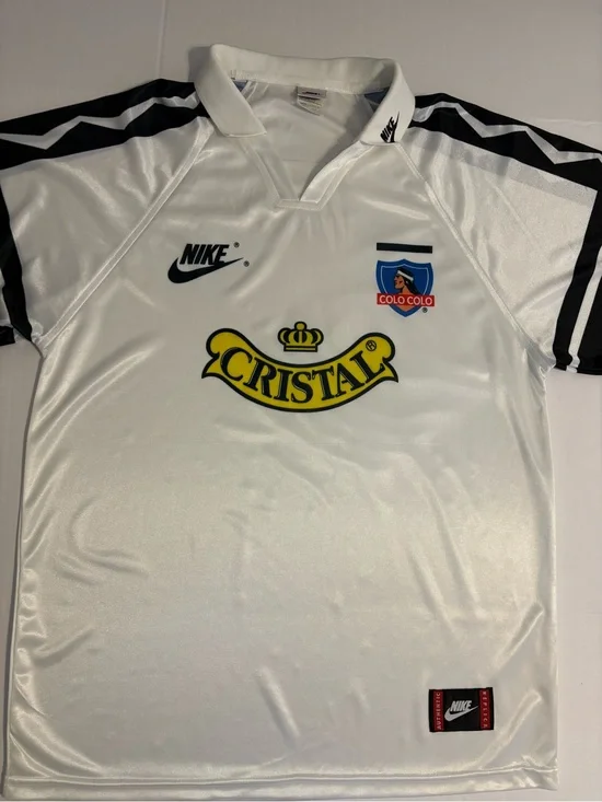 Nike White and Black Colo-Colo Soccer Jersey with Yellow Cristal Logo