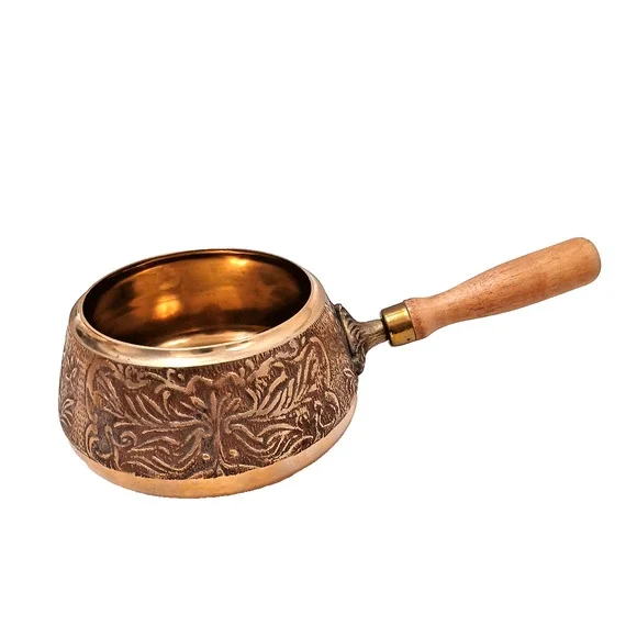Exotic Copper Sauce Pot Wood Handle‎ Hammered Design Fondue Party Vintage Patina