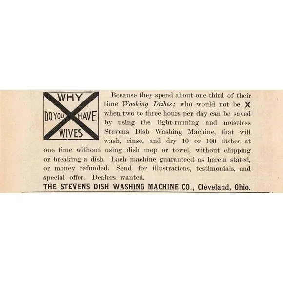 1892 Stevens‎ Dish Washing Machine Co Print Advertisement Cleveland Ohio