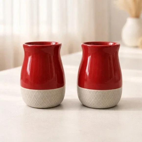 Unmarked/Unbranded Set Of Ceramic Red Tan Basket Weave‎ Kitchen Canister/Vases
