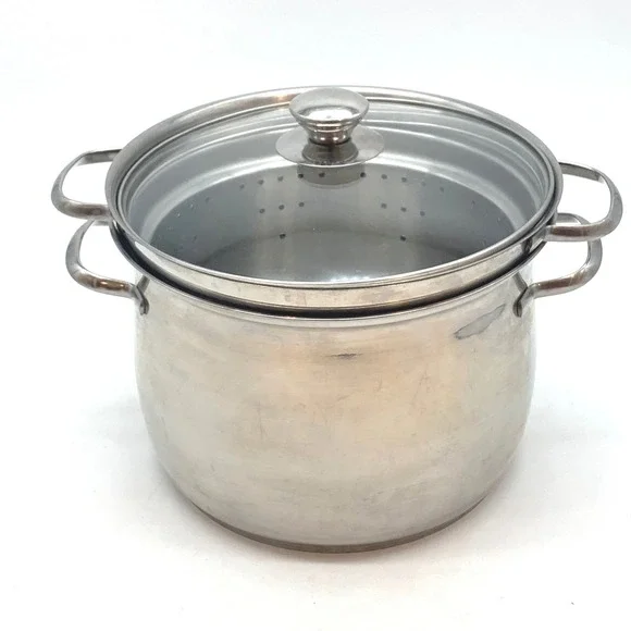 Belgique Stockpot 8qt Silver Stainless Steel Steamer Insert Glass Lid 3pc Set