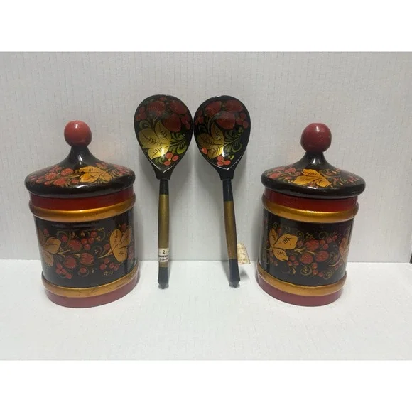 Vintage Russian Khokhloma Jar  6.5 in‎ tall Lidded Wood Lacquer plus 2 spoons