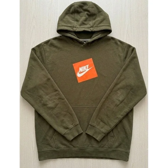 Nike Hoodie Mens Large Olive Green Orange Box Logo Pullover Gorpcore Streetwear