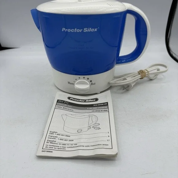 Proctor Silex Electric Kettle Hot Pot Boil 32 oz Max Blue White w Manual HP04