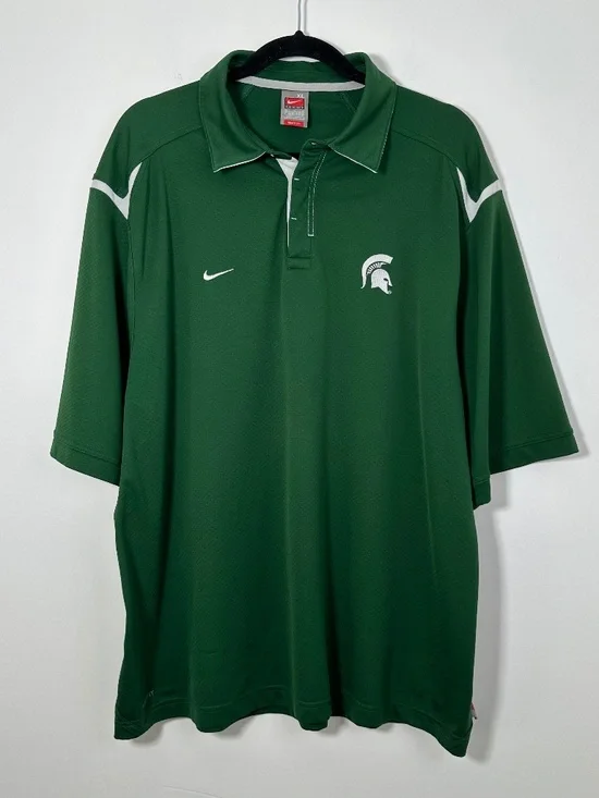 NIKE Team Fit Dry Michigan State Spartans Mens XL Polo Shirt Green/White Golf