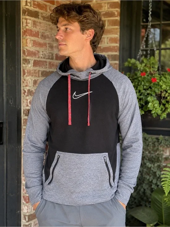 Nike Hoodie Mens Small Black Gray Pullover Zipper Pocket Swoosh Sweatshirt EUC