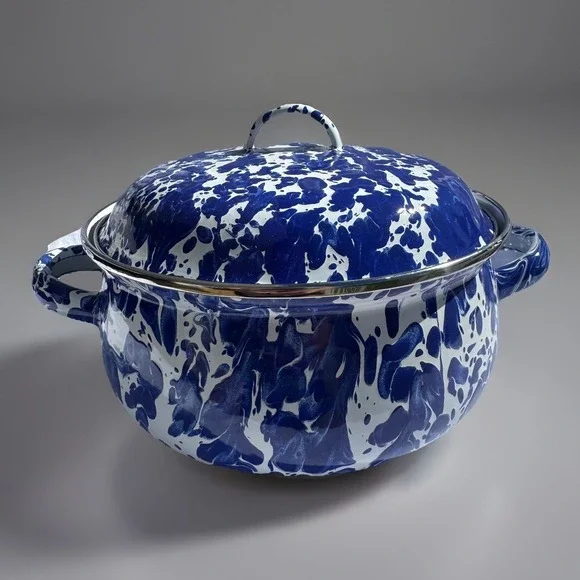 Golden Rabbit Blue White Splatter Enamelware Casserole Pot Dutch Oven 2.5 Quart