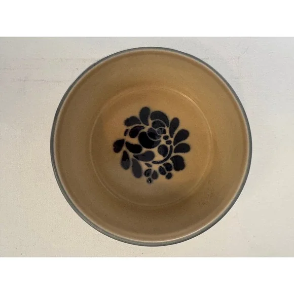 Vintage Pfaltzgraff Folk Art Stoneware Souffle Baker Bowl 406 Cobalt Tulip Tan