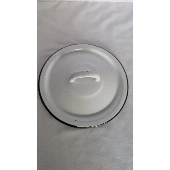 Vintage White Enamel Pot Lid Black Trim Replacement Farmhouse Cookware 7.25 Inch