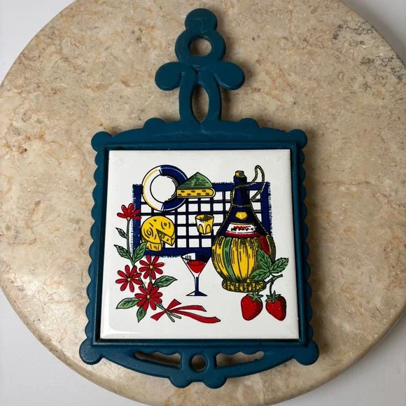 Vintage Italian Style Trivet Hot Pad‎ Cast Iron Teal Ceramic Tile