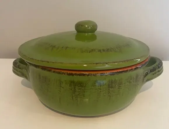 Vtg De Silva Pottery Terracotta Glazed Casserole Soup Bowl W/ Lid, Made in Italy
