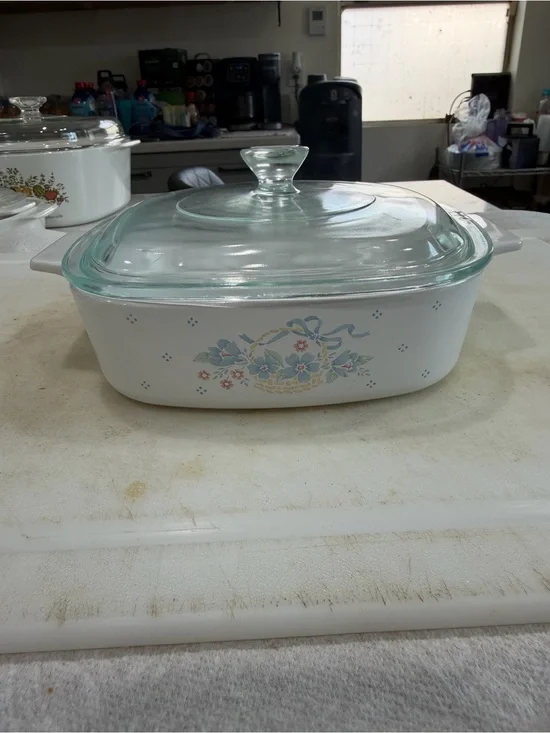 Corningware White Casserole with Blue and Pink Floral Basket Motif, matching lid