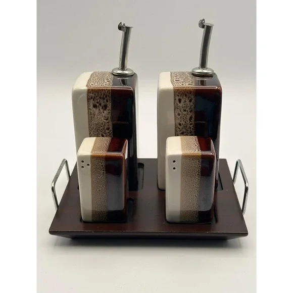 Vintage Pier 1 Tri-Color Brown & White Ceramic Oil, Vinegar, Salt Pepper Set
