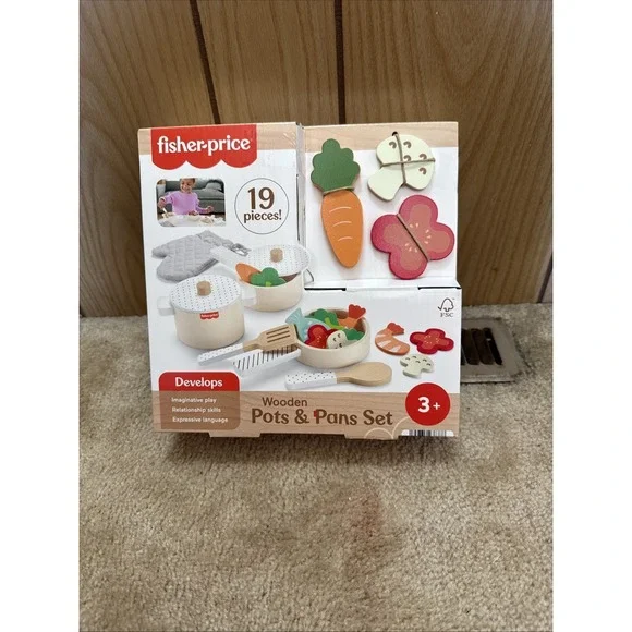 Fisher-Price Wooden Kitchen Pots & Pans Set 19 Wood Pieces for Preschool NEW