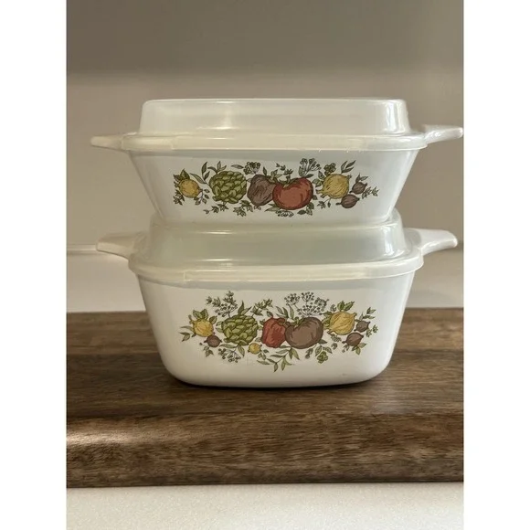 Set 2 Petite Corning Ware Spice of Life 1 3/4  & 2 3/4 Glass W/Plastic Lids USA