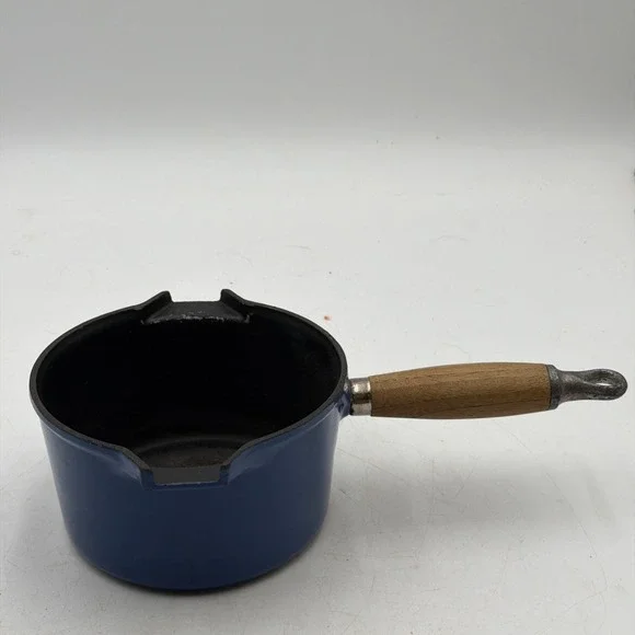 VTG Le Creuset Blue Enameled Cast Iron 1 QT Double Pour Saucepan W/Wood Handle