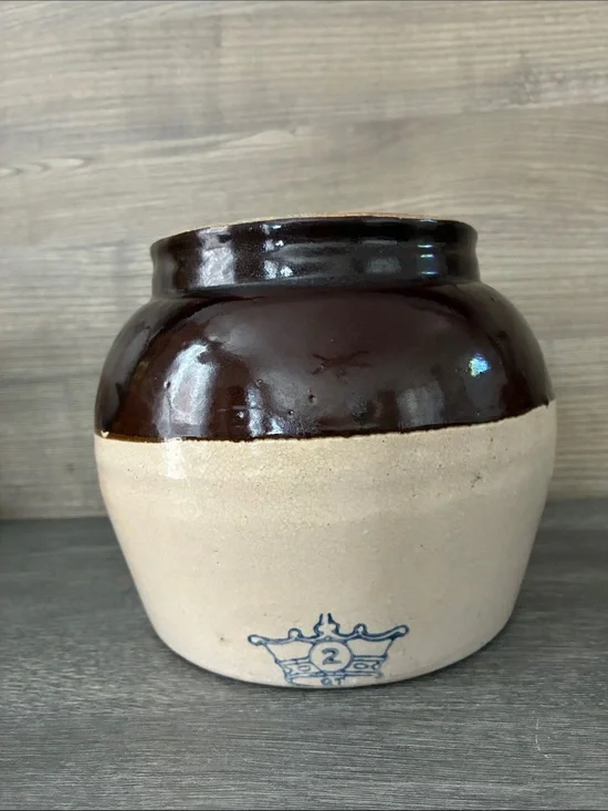 Robinson Ransbottom 2 Quart Bean Pot Crock Stoneware Blue Crown NO LID Vintage