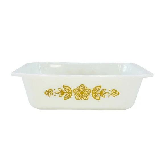 VINTAGE PYREX 913 Loaf Pan • Butterfly gold, white • 8.5