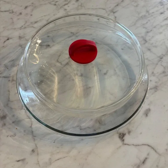 Clear Glass Microwave Plate and Vented Dome Cover Set with Red Handle